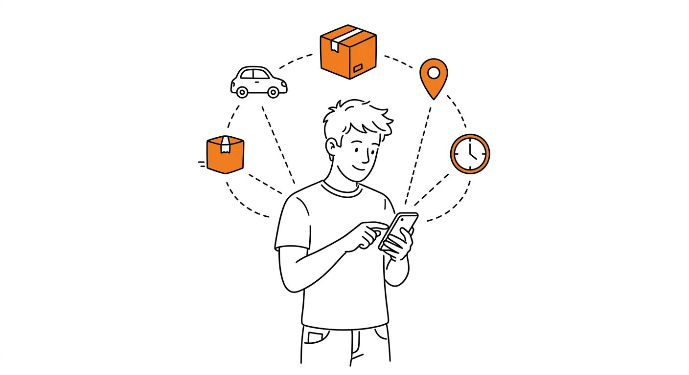 Une personne consulte son téléphone, entourée d’un colis, d’une voiture, d’un repère de carte et d’une horloge